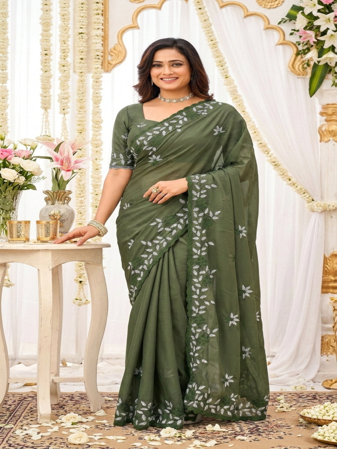 Elegant Olive Green Georgette Saree with Floral Embroidery
