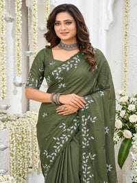 Elegant Olive Green Georgette Saree with Floral Embroidery