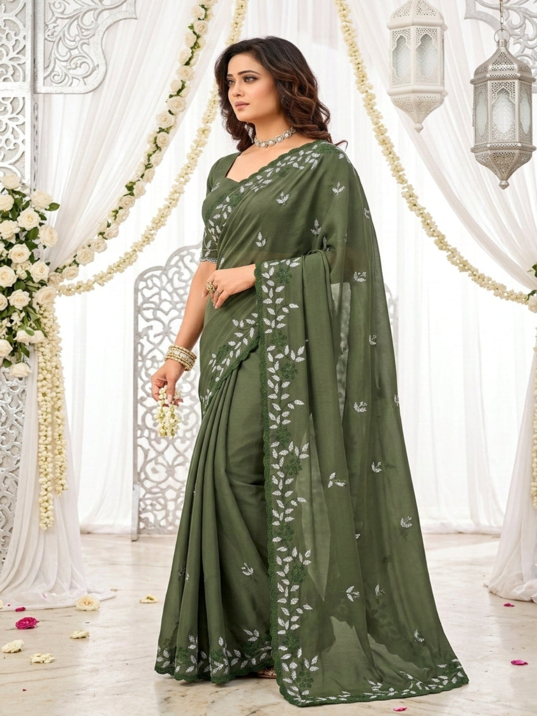 Elegant Olive Green Georgette Saree with Floral Embroidery