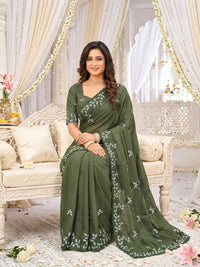 Elegant Olive Green Georgette Saree with Floral Embroidery