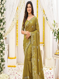 Elegant Olive Green Georgette Saree with Floral Embroidery