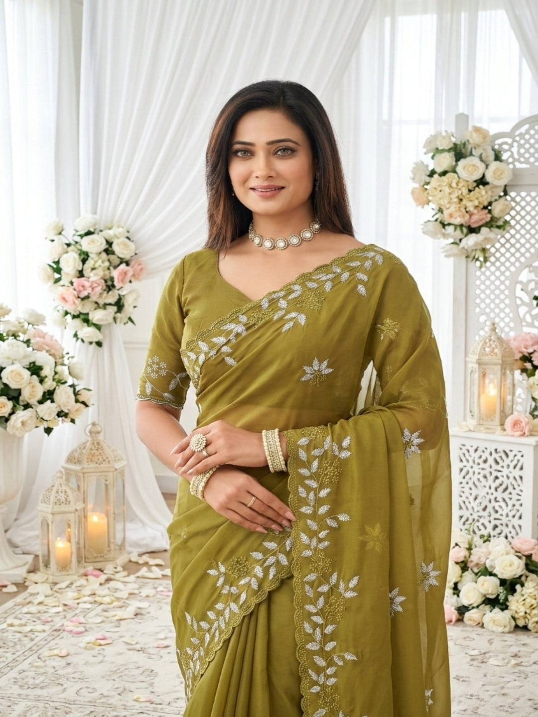 Elegant Olive Green Georgette Saree with Floral Embroidery