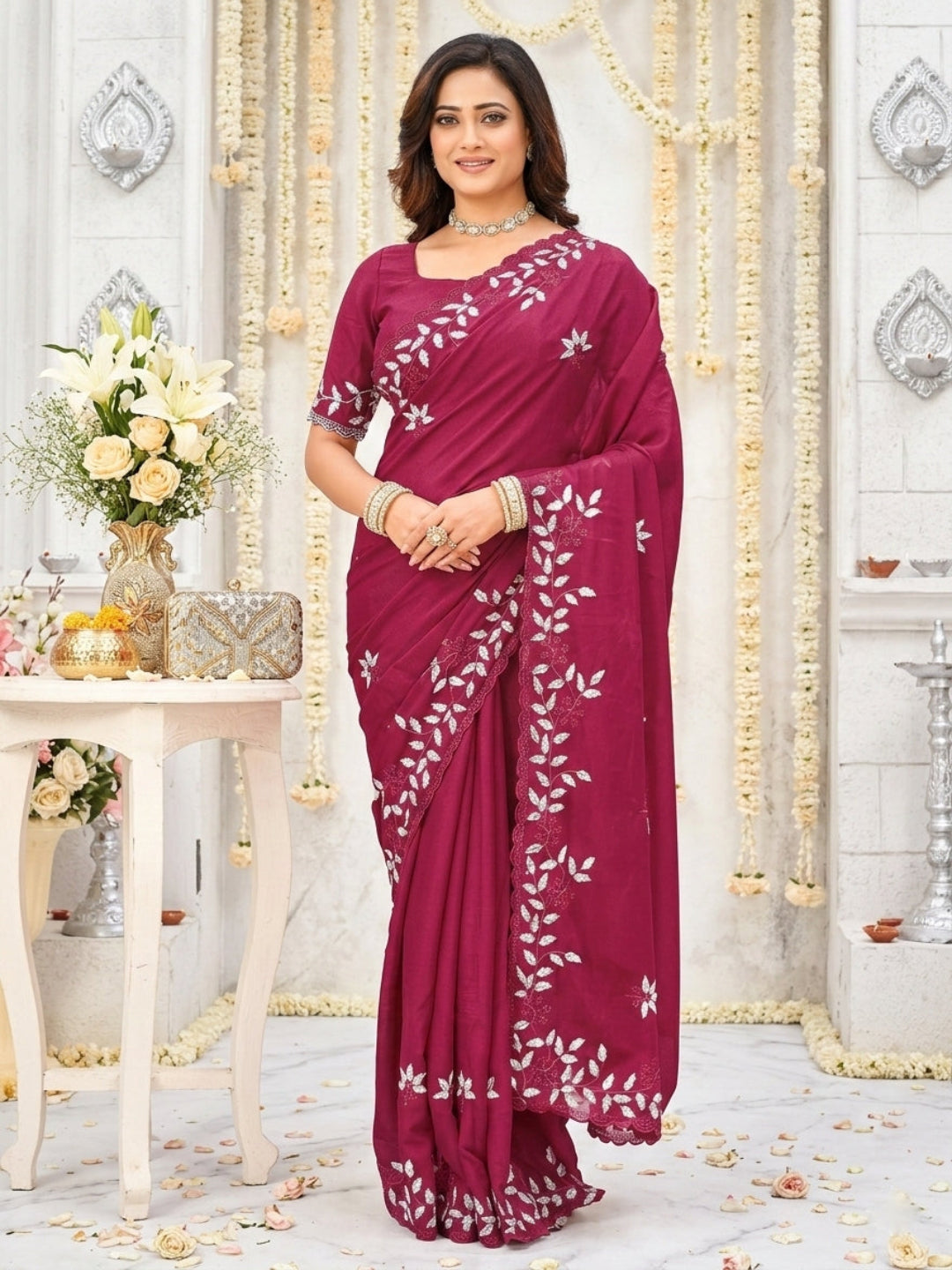 Elegant Olive Green Georgette Saree with Floral Embroidery