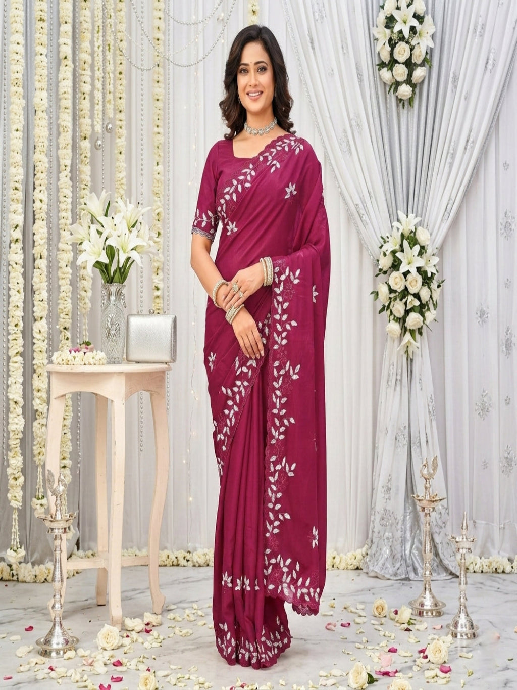 Elegant Olive Green Georgette Saree with Floral Embroidery