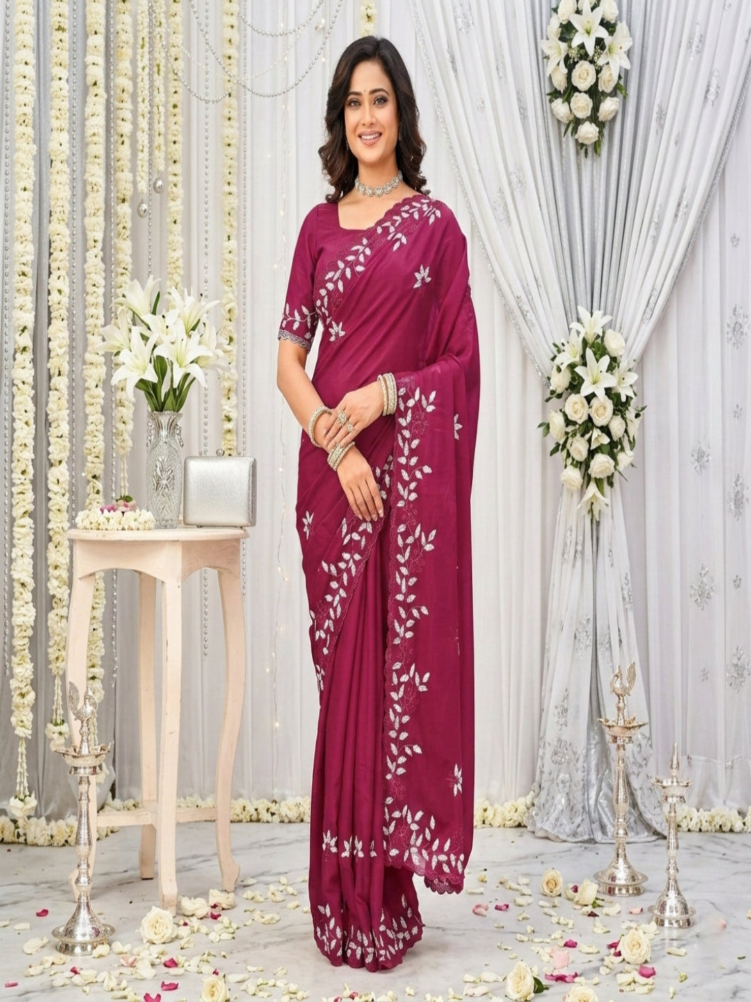 Elegant Olive Green Georgette Saree with Floral Embroidery