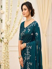 Elegant Olive Green Georgette Saree with Floral Embroidery