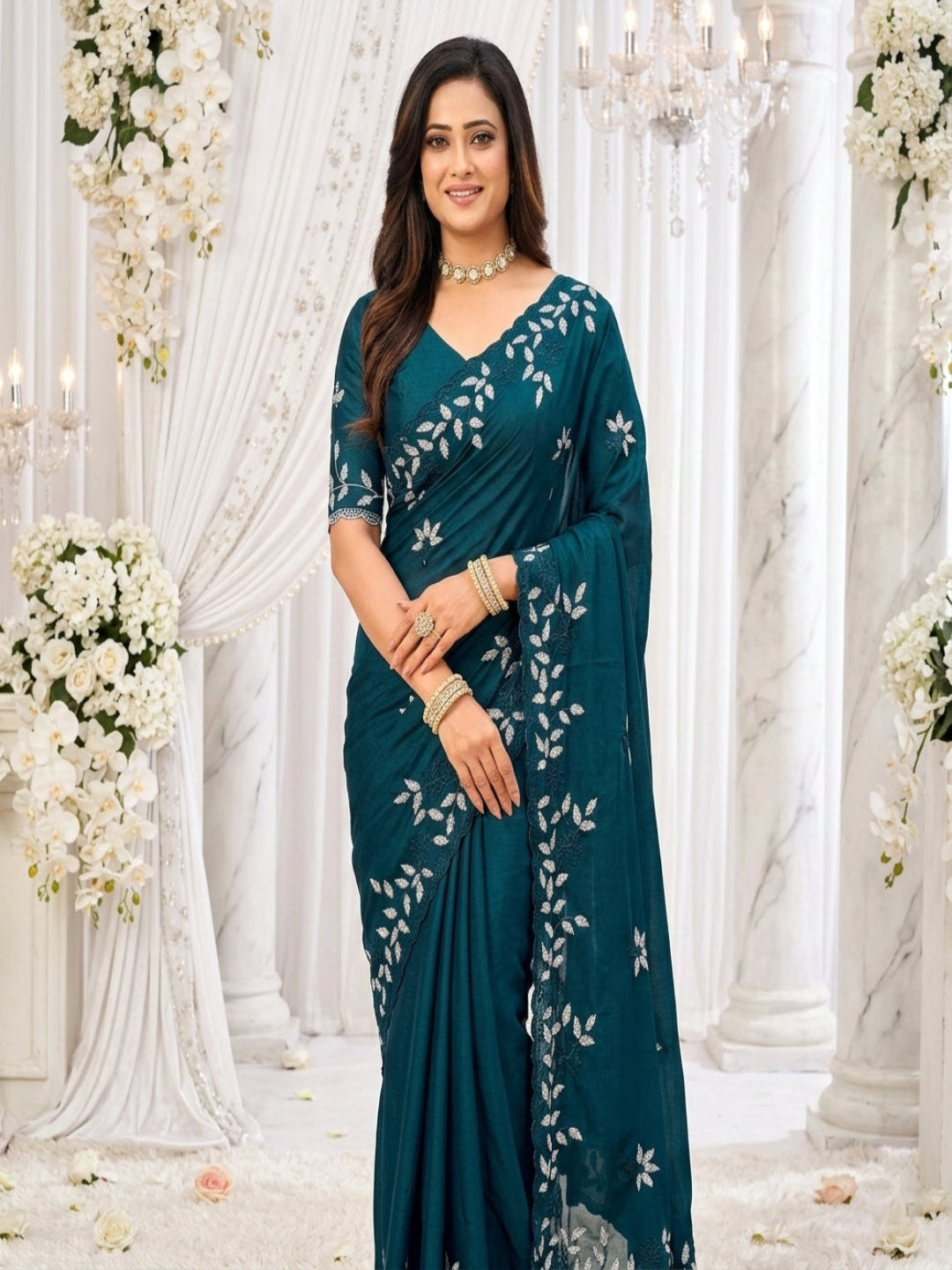 Elegant Olive Green Georgette Saree with Floral Embroidery