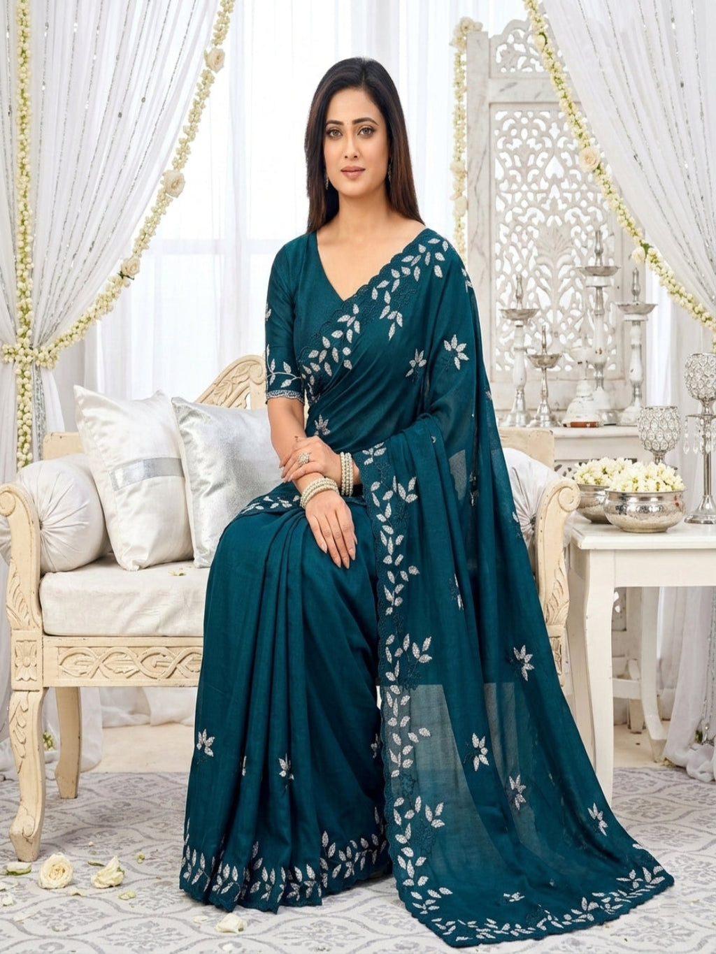 Elegant Olive Green Georgette Saree with Floral Embroidery