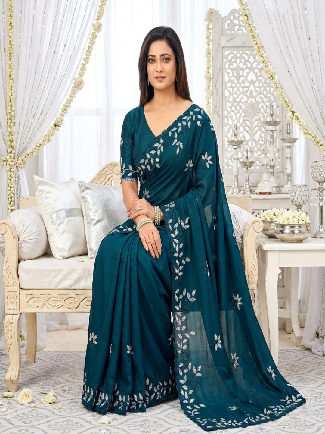 Elegant Olive Green Georgette Saree with Floral Embroidery