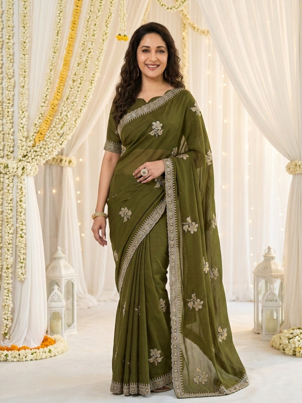 Elegant floral embroidery work, olive green saree with a matching border