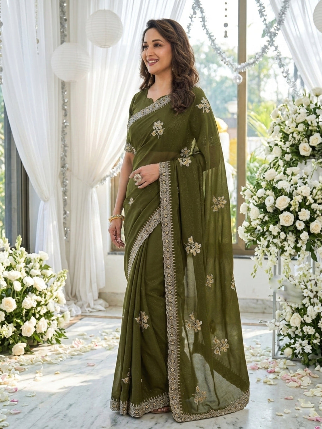Elegant floral embroidery work, olive green saree with a matching border