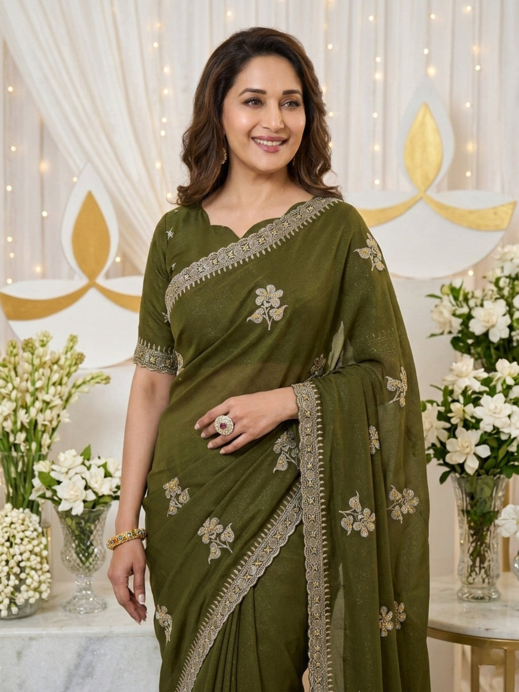Elegant floral embroidery work, olive green saree with a matching border