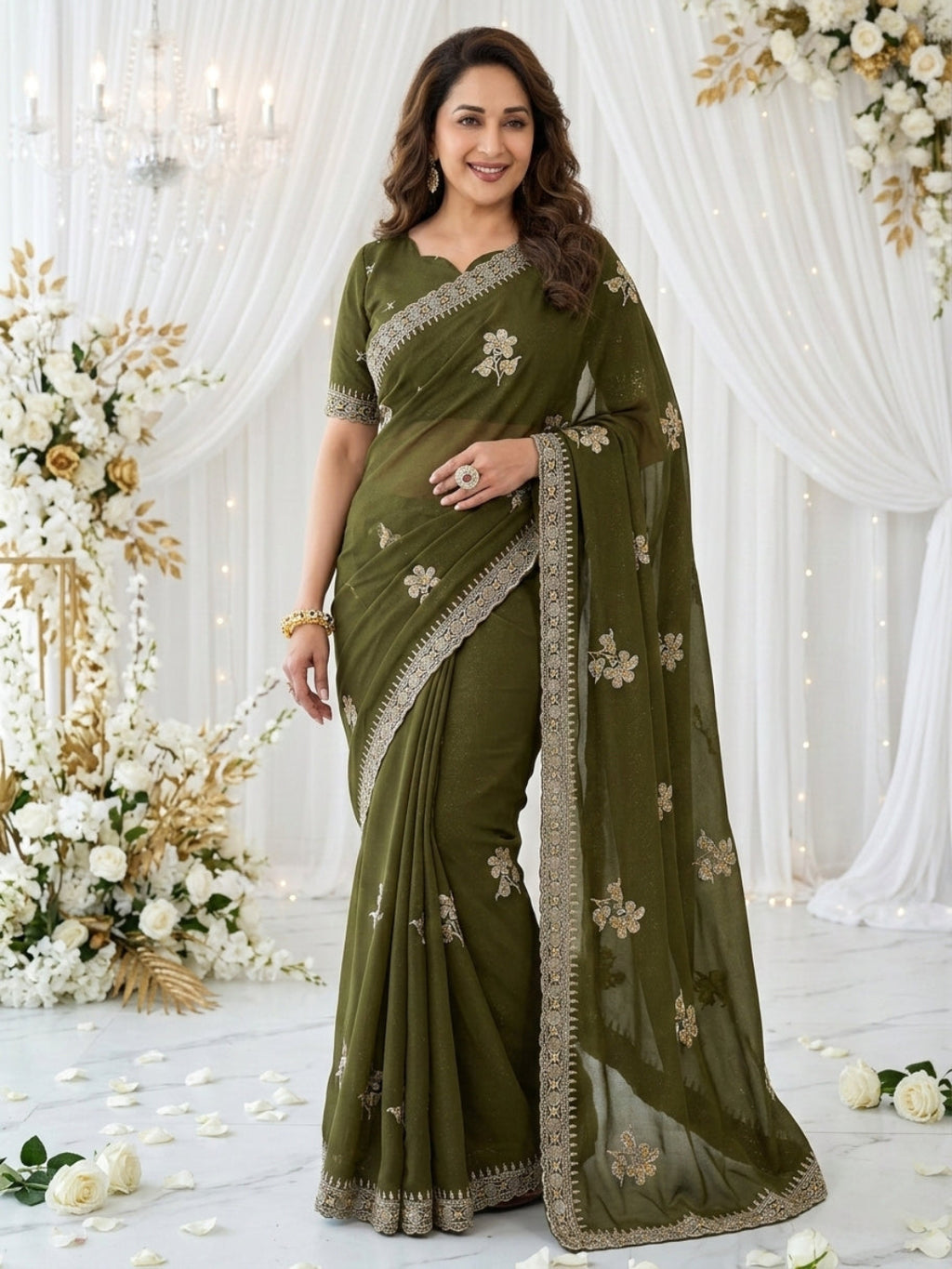 Elegant floral embroidery work, olive green saree with a matching border