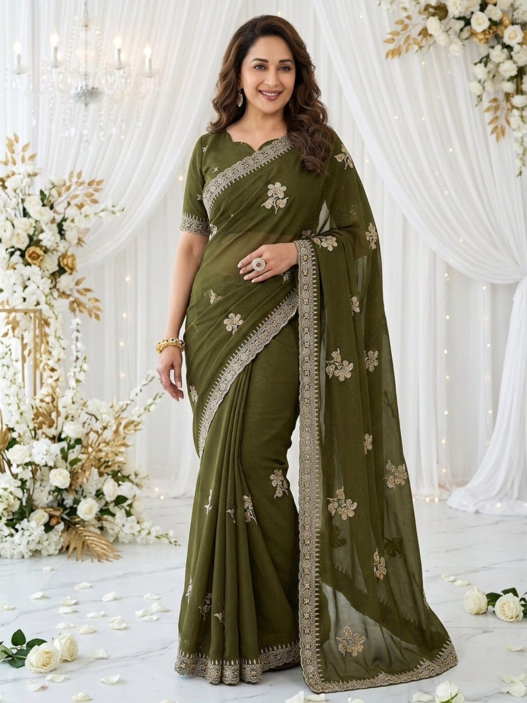 Elegant floral embroidery work, olive green saree with a matching border