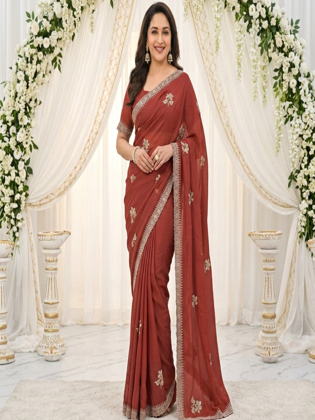 Elegant floral embroidery work, olive green saree with a matching border