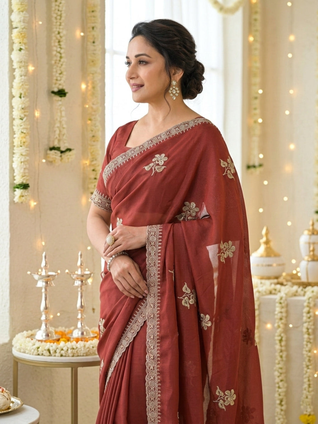 Elegant floral embroidery work, olive green saree with a matching border