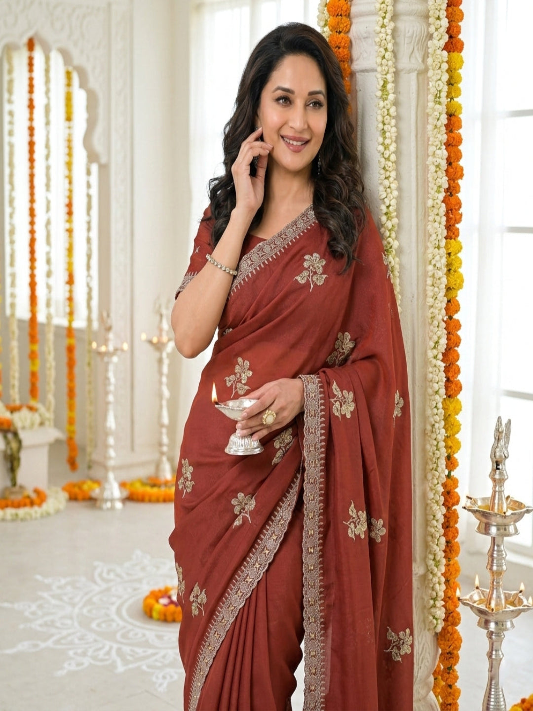 Elegant floral embroidery work, olive green saree with a matching border