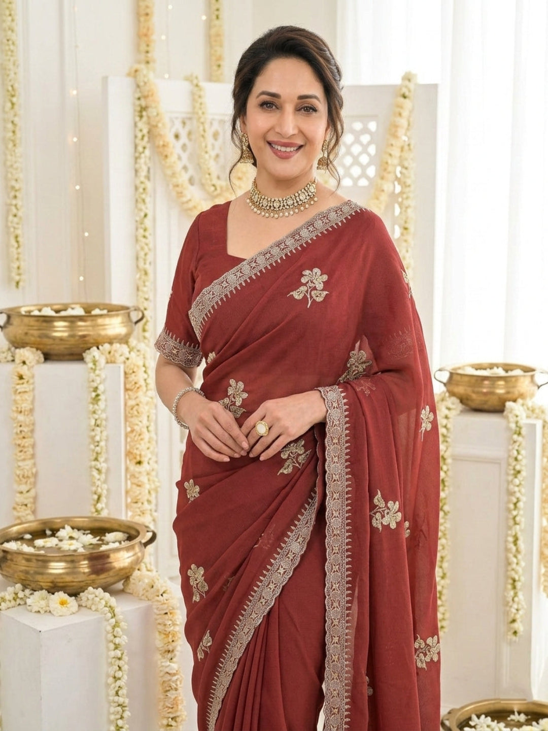 Elegant floral embroidery work, olive green saree with a matching border
