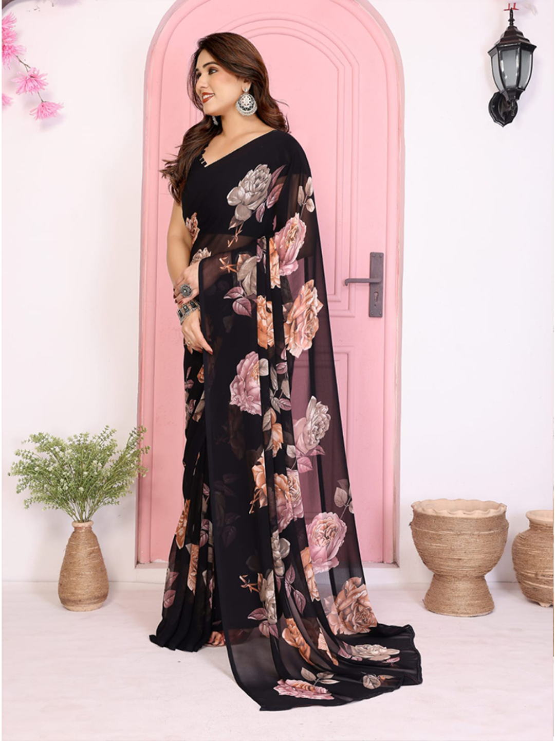 Elegant Black Floral Printed Chiffon Saree with Flower Design – Stylish Party & Casual Wear