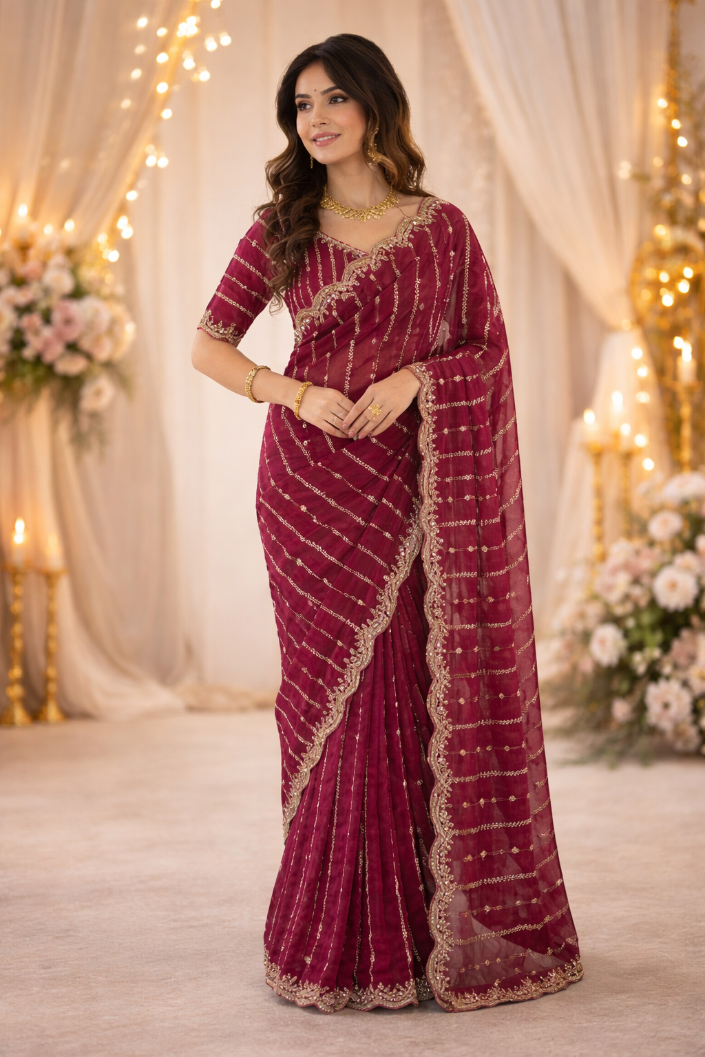 Maroon Embroidered Georgette Saree with Golden Zari Border