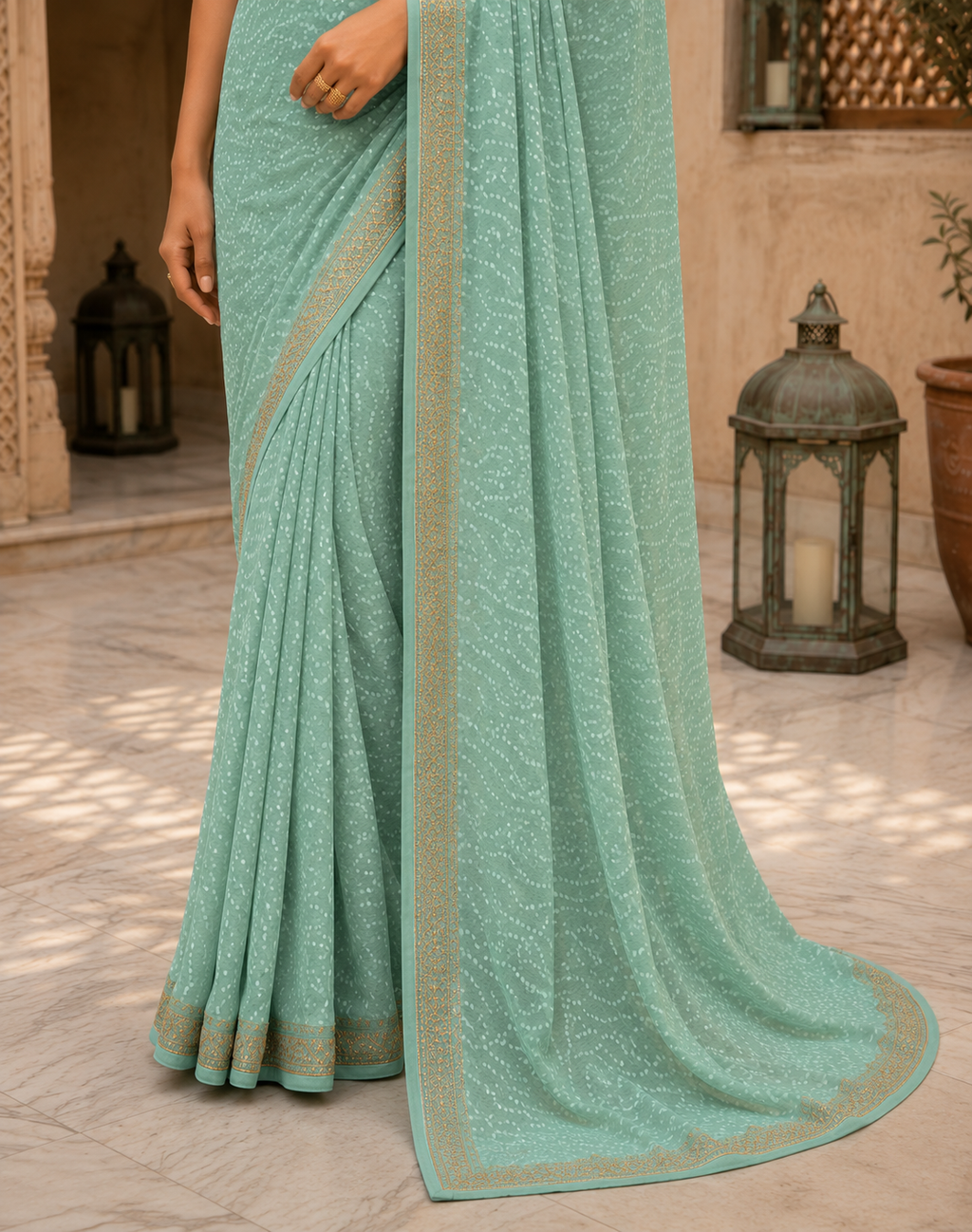 Bandhej Aura Georgette Saree with Lace Border