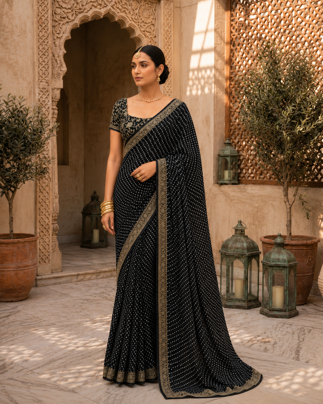 Bandhej Aura Georgette Saree with Lace Border