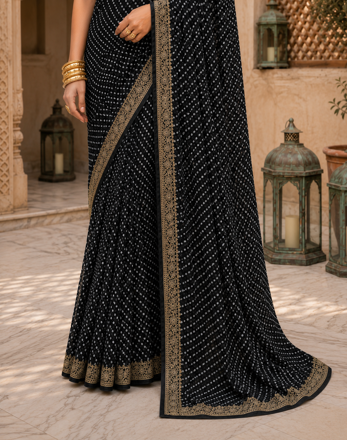 Bandhej Aura Georgette Saree with Lace Border
