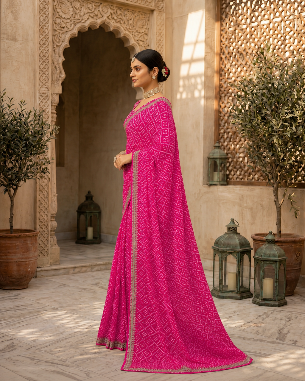 Bandhej Aura Georgette Saree with Lace Border