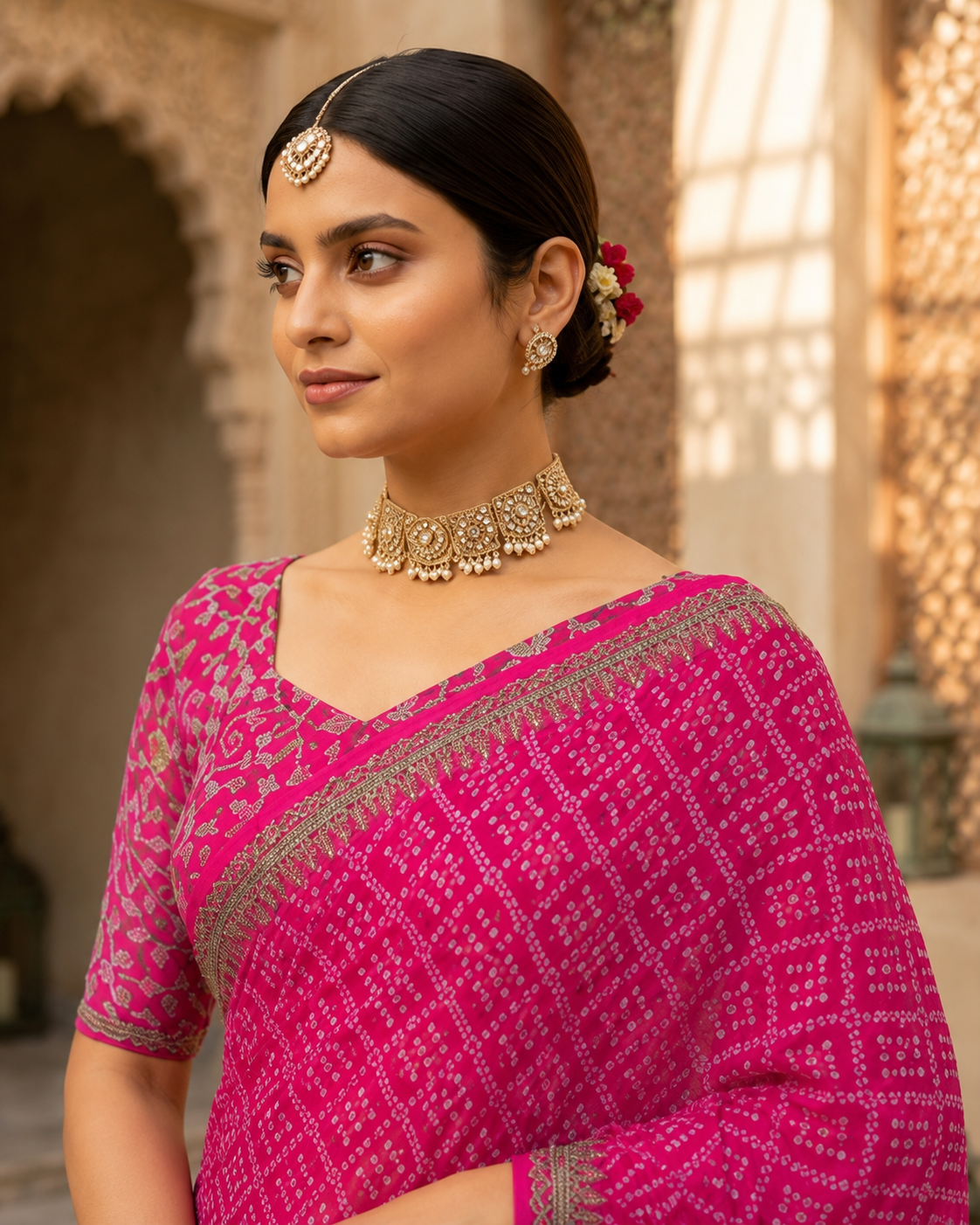 Bandhej Aura Georgette Saree with Lace Border