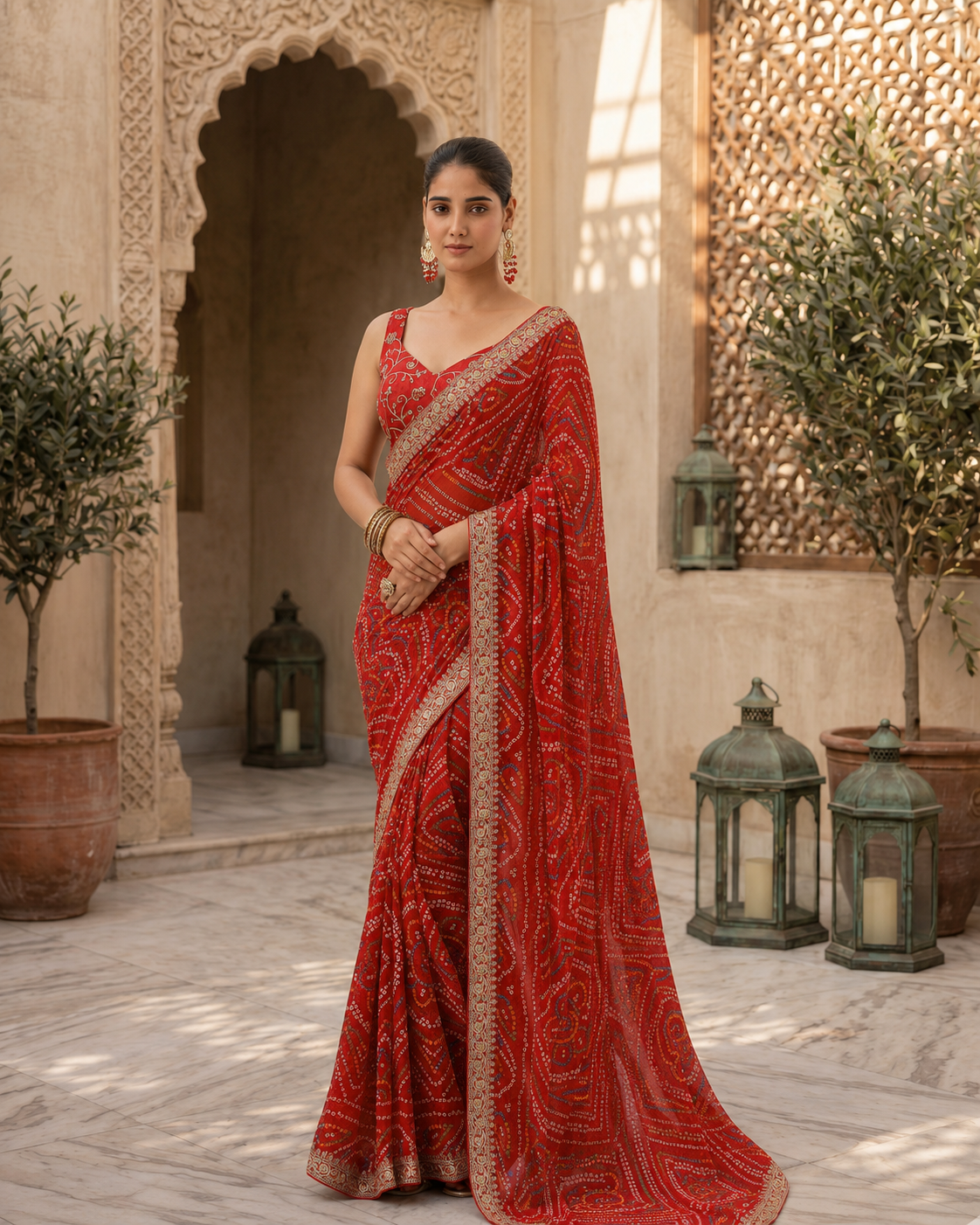 Bandhej Aura Georgette Saree with Lace Border