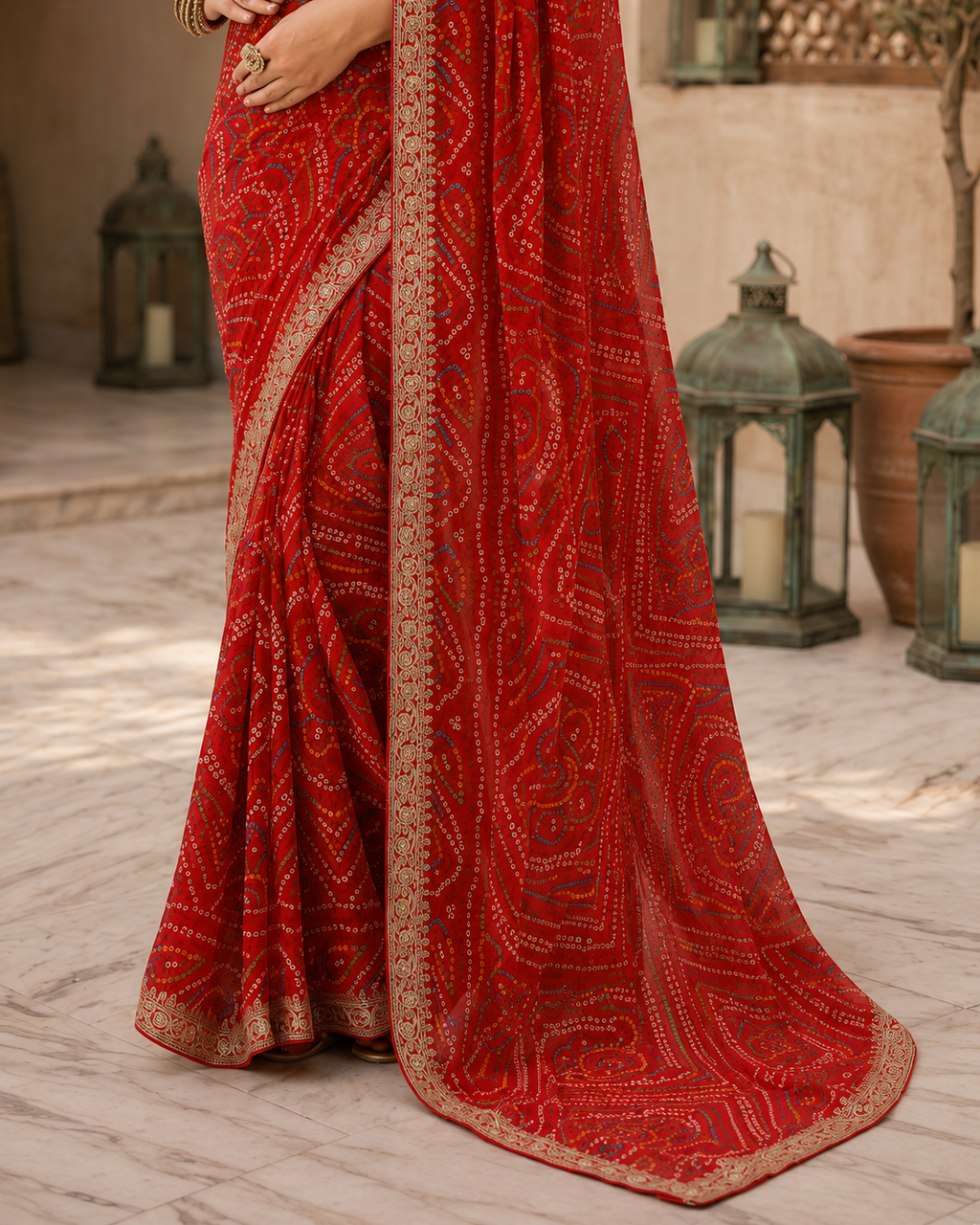 Bandhej Aura Georgette Saree with Lace Border