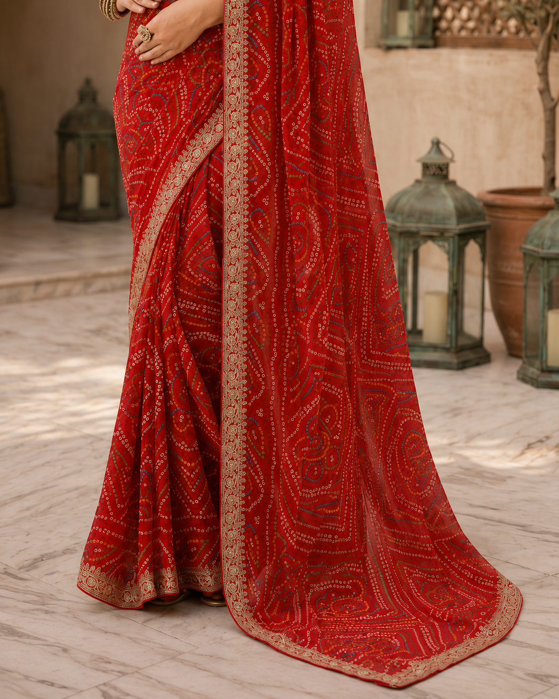 Bandhej Aura Georgette Saree with Lace Border