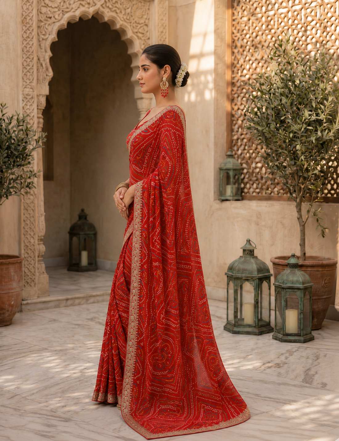 Bandhej Aura Georgette Saree with Lace Border