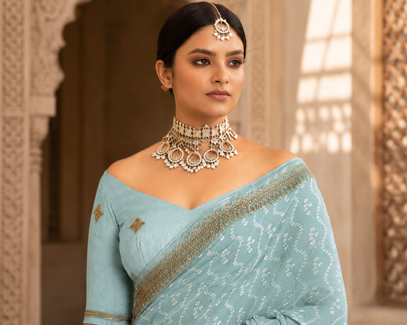 Bandhej Aura Georgette Saree with Lace Border
