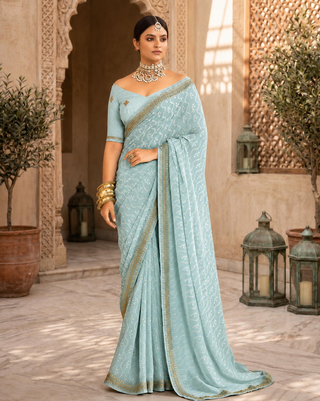 Bandhej Aura Georgette Saree with Lace Border