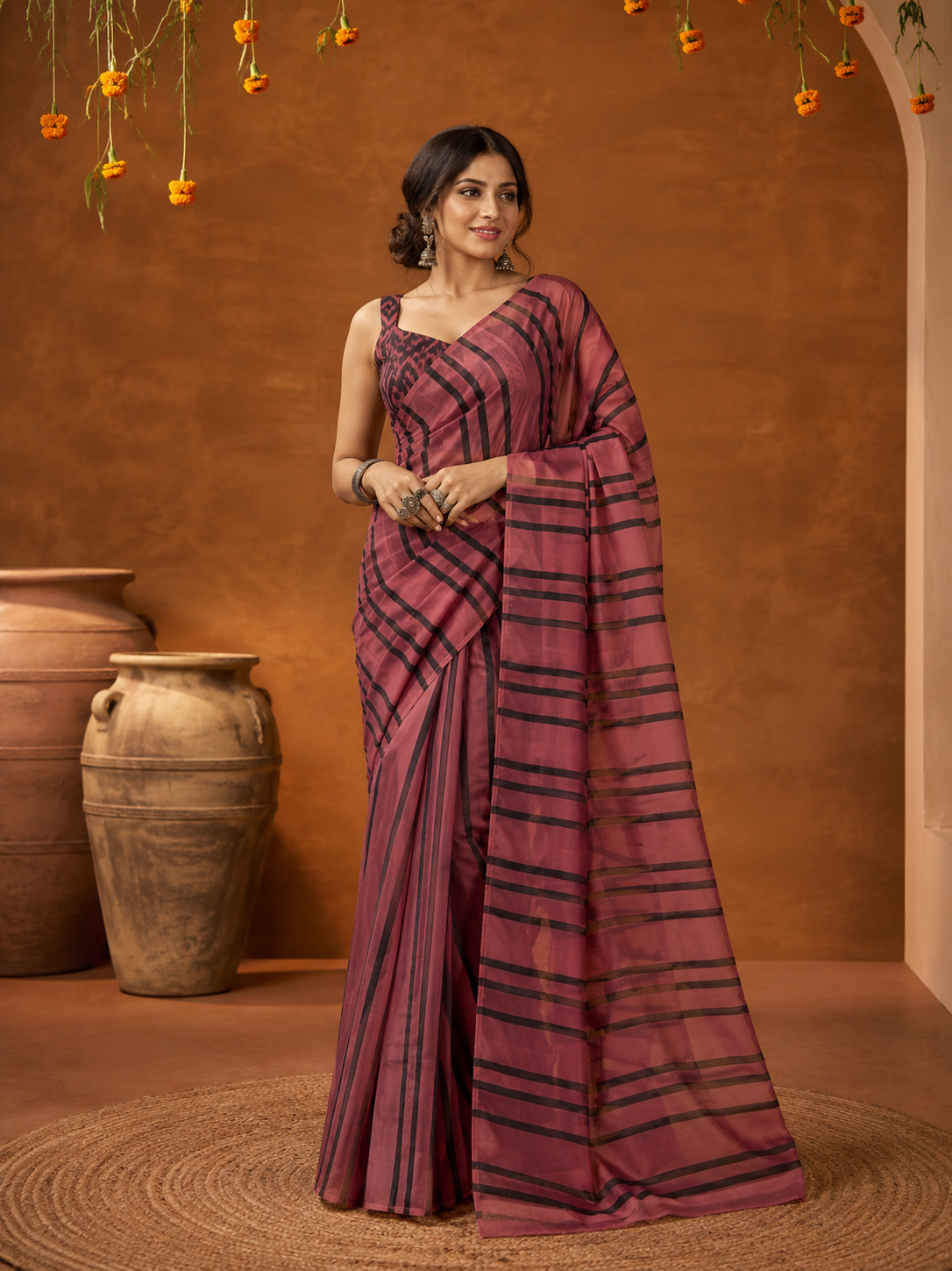 Stripe Linen ready to wear Saree with Digital Prints