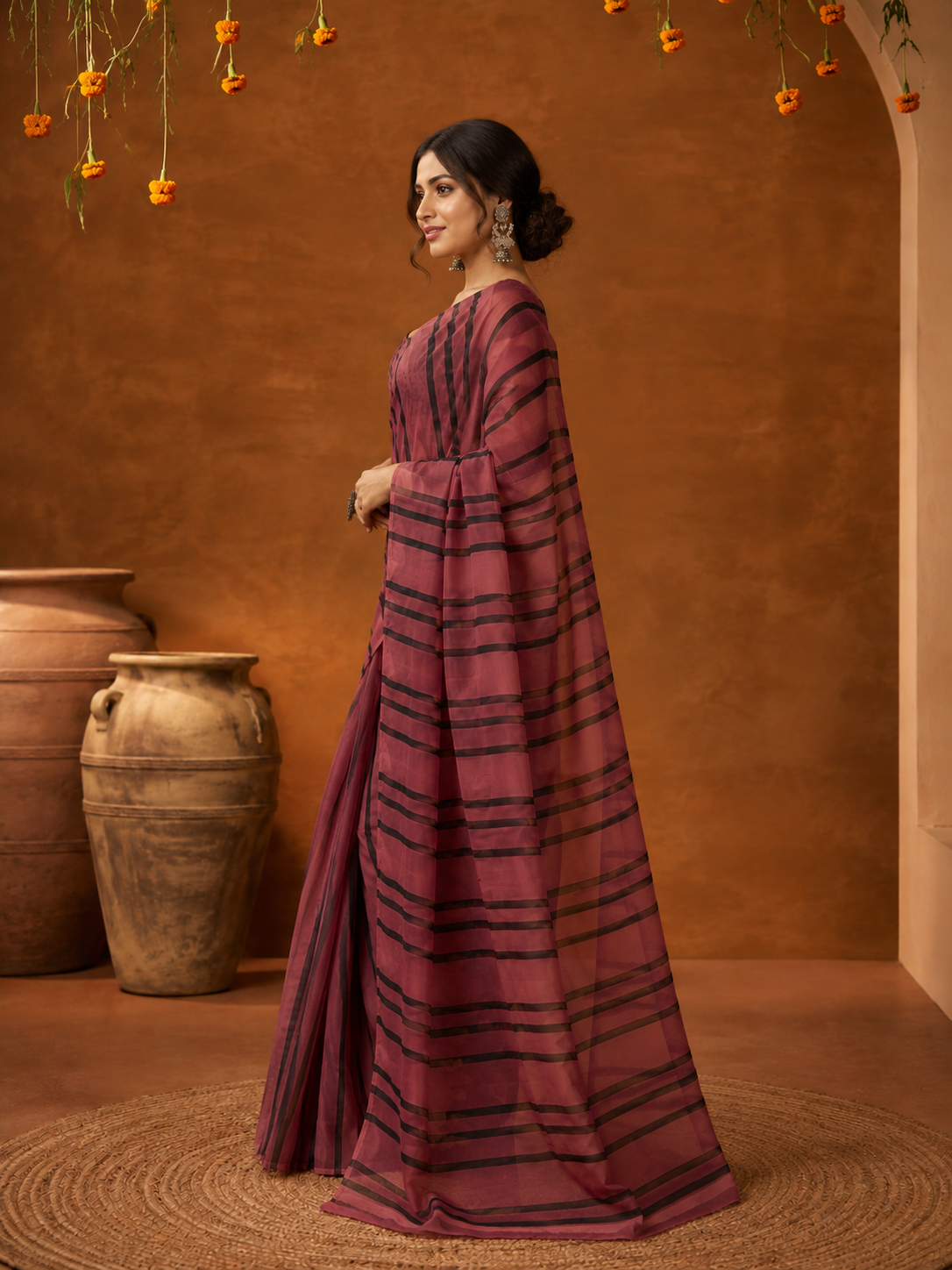 Stripe Linen ready to wear Saree with Digital Prints