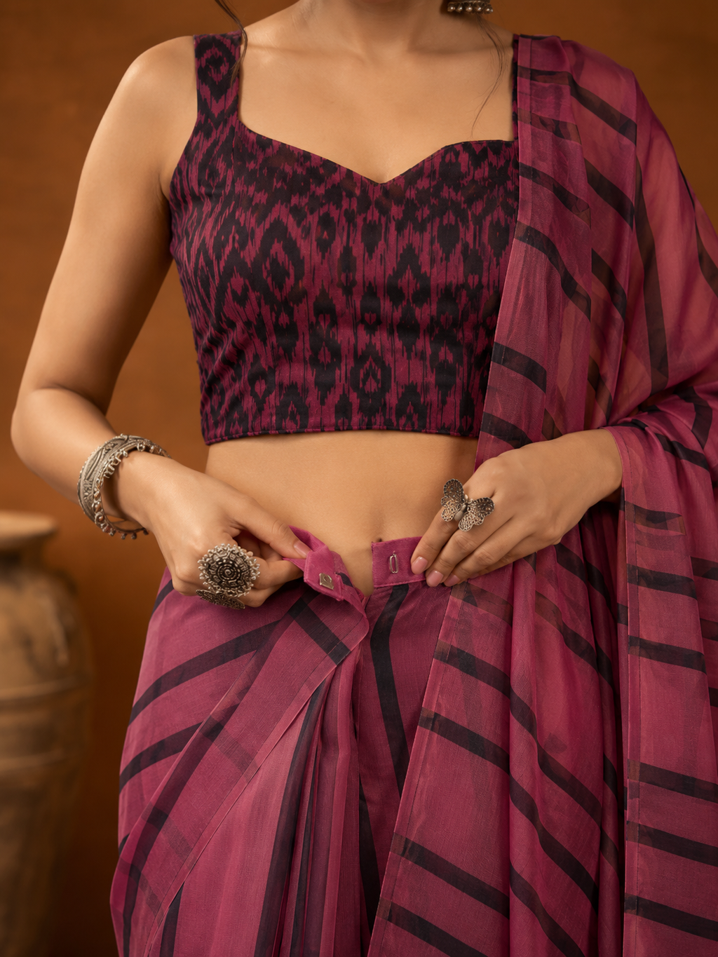 Stripe Linen ready to wear Saree with Digital Prints