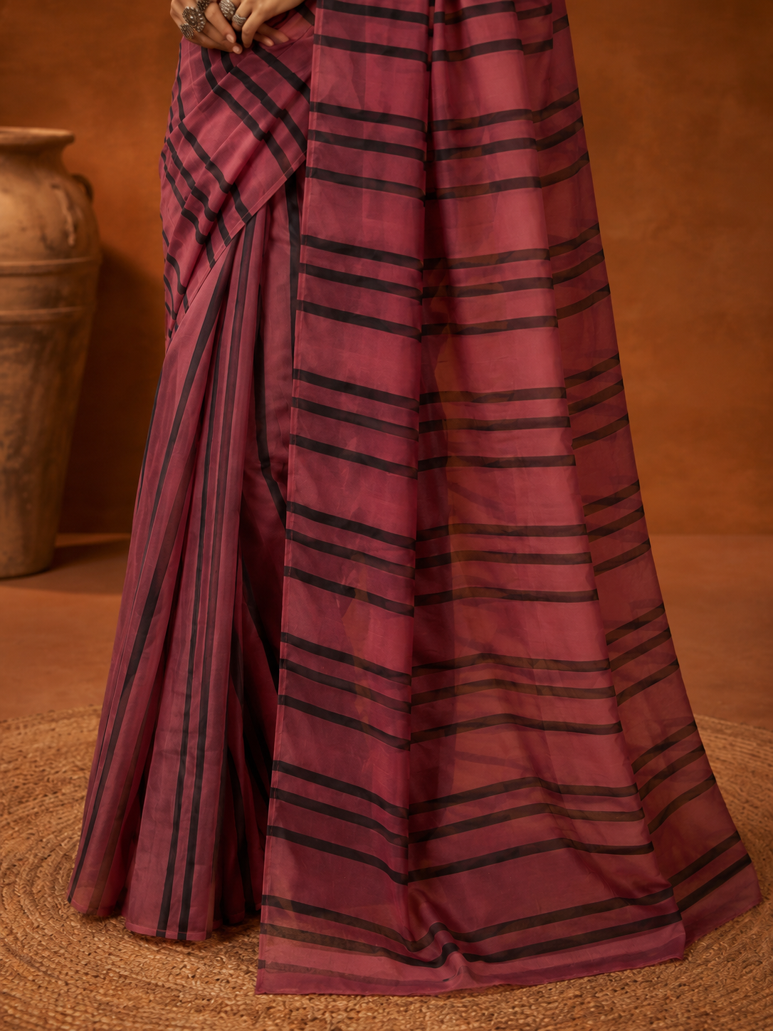 Stripe Linen ready to wear Saree with Digital Prints