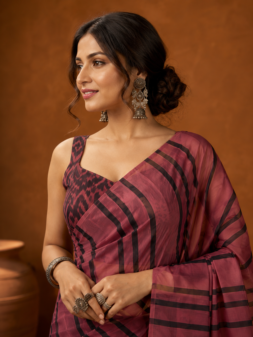 Stripe Linen ready to wear Saree with Digital Prints