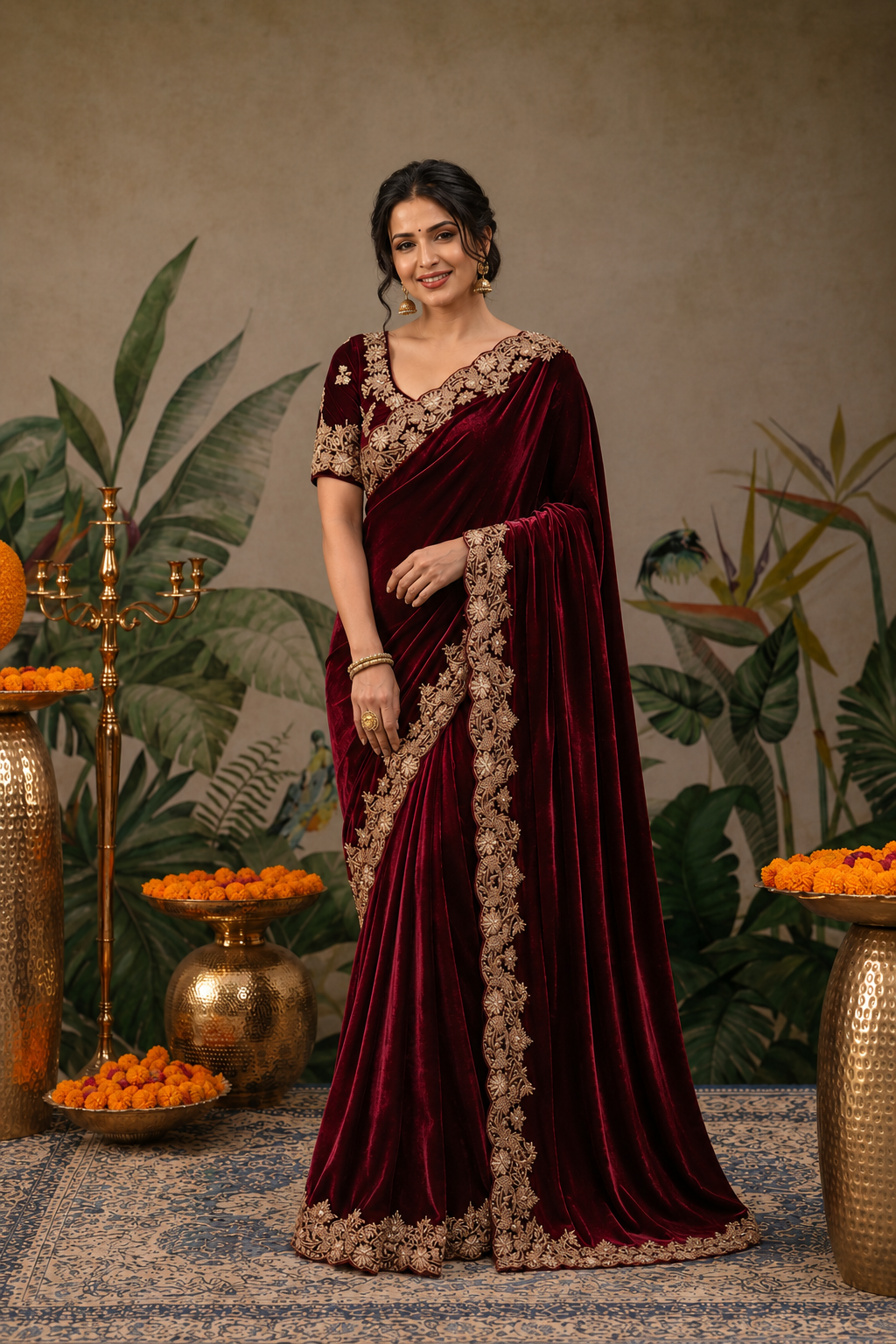 Zehra Maroon Velvet Designer Winter Saree