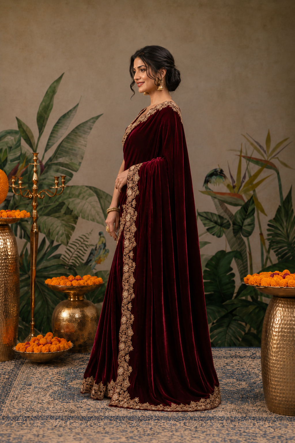 Zehra Maroon Velvet Designer Winter Saree