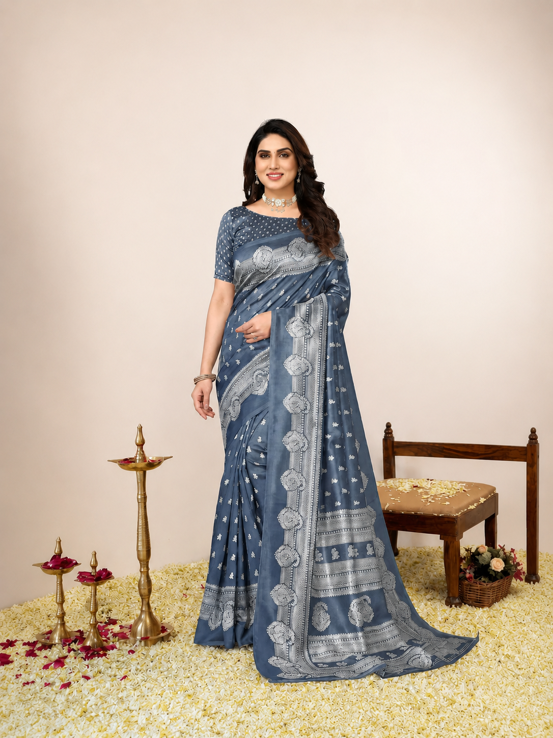 Art Silk Traditional Grey and Off-White Saree