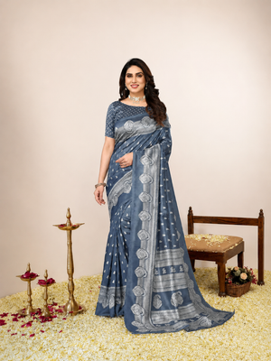 Art Silk Traditional Grey and Off-White Saree