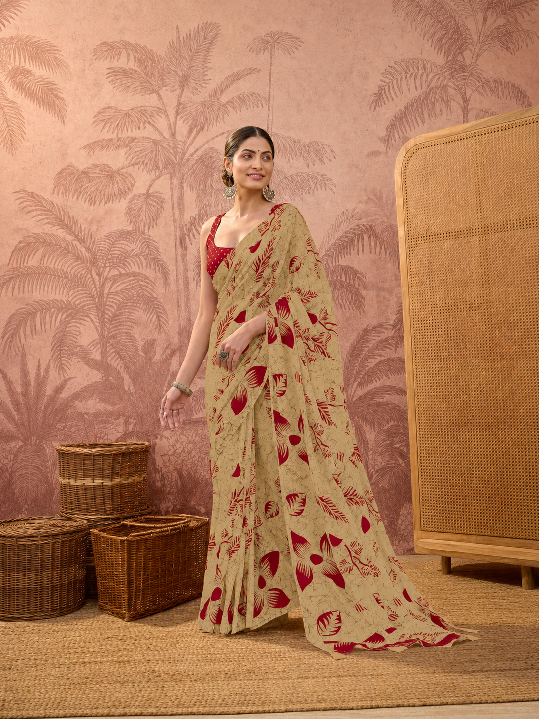 Beige Mulmul Cotton Saree with Maroon Block Print