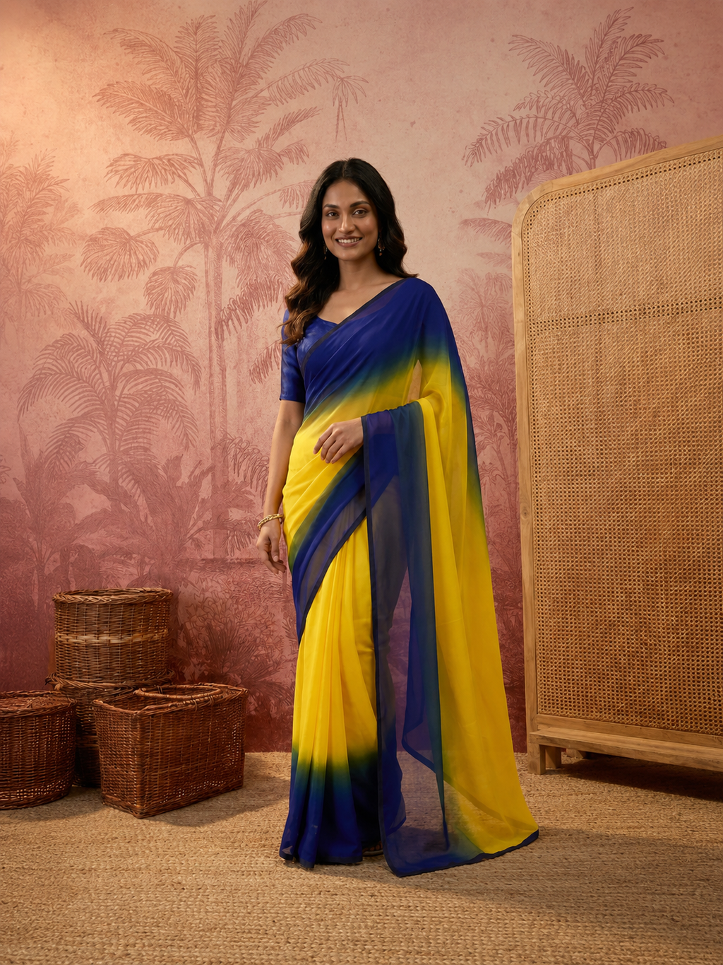 Stylish Blue Yellow Ombre Chiffon Saree with Gradient Design – Trendy Party & Casual Wear