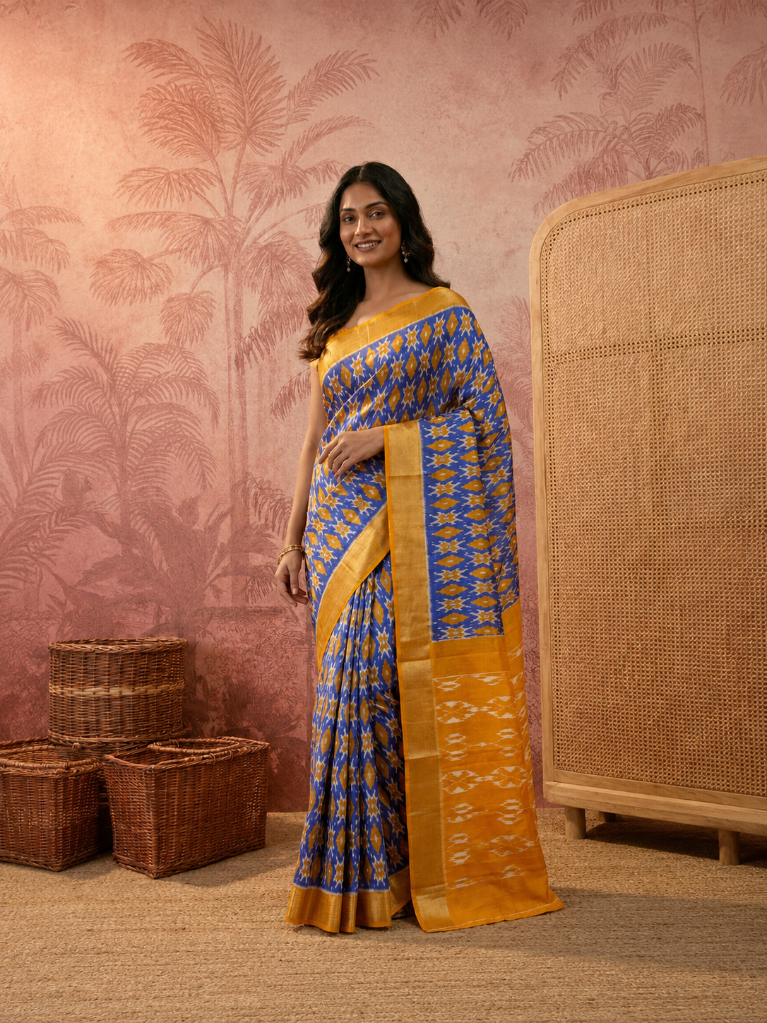 Pochampally Ikat Handloom Saree in Vibrant Orange and Blue.