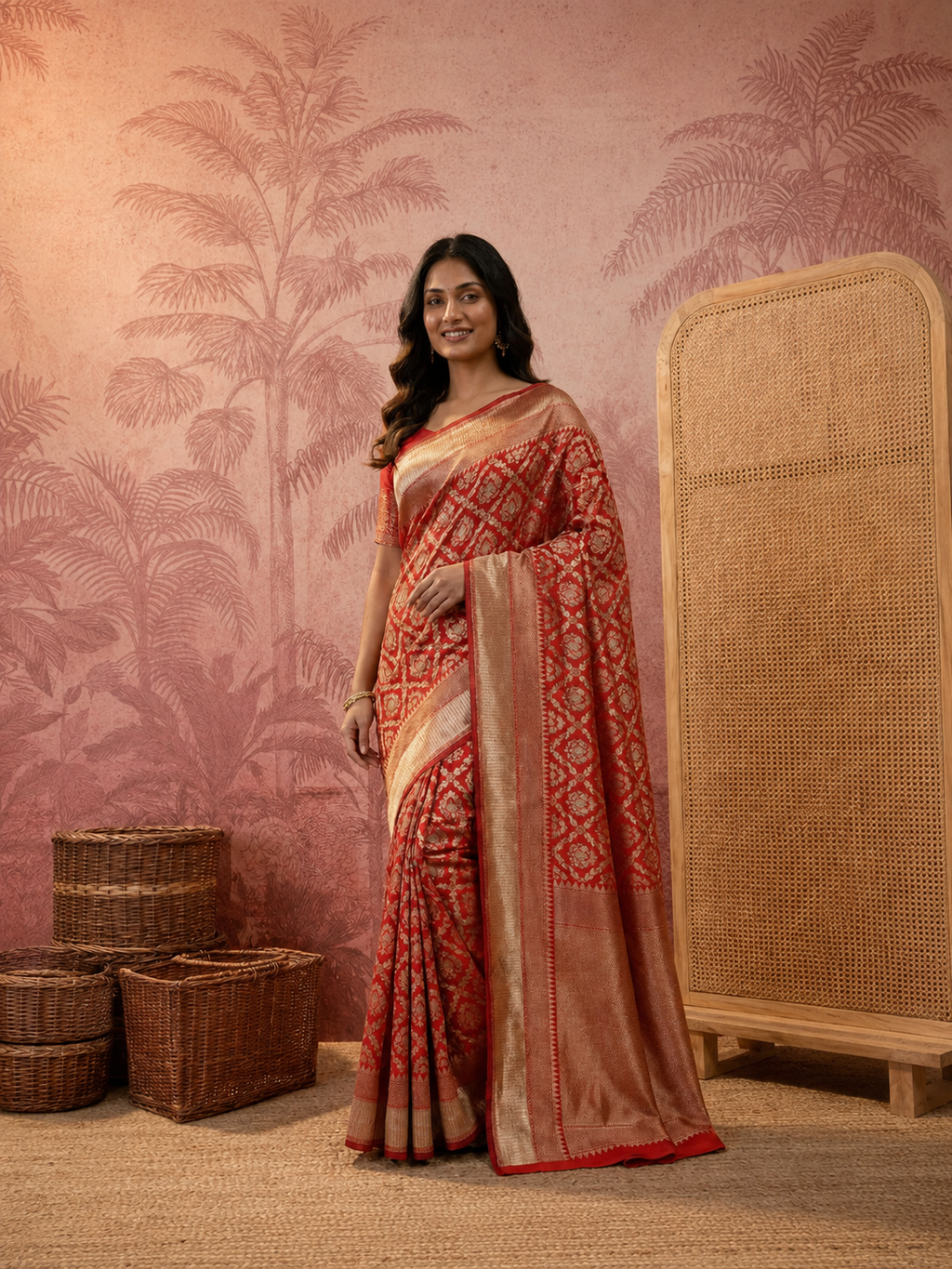 Elegant Red Banarasi Style Zari Woven Saree with Rich Golden Pallu – Wedding & Festive Wear