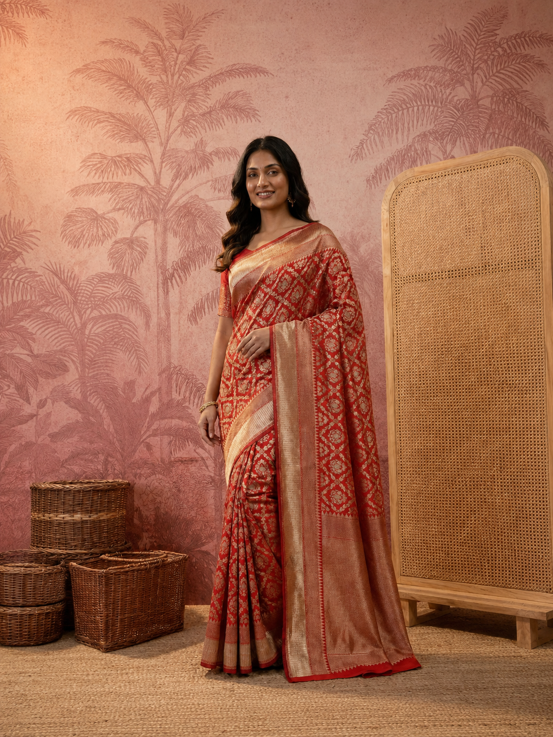 Elegant Red Banarasi Style Zari Woven Saree with Rich Golden Pallu – Wedding & Festive Wear