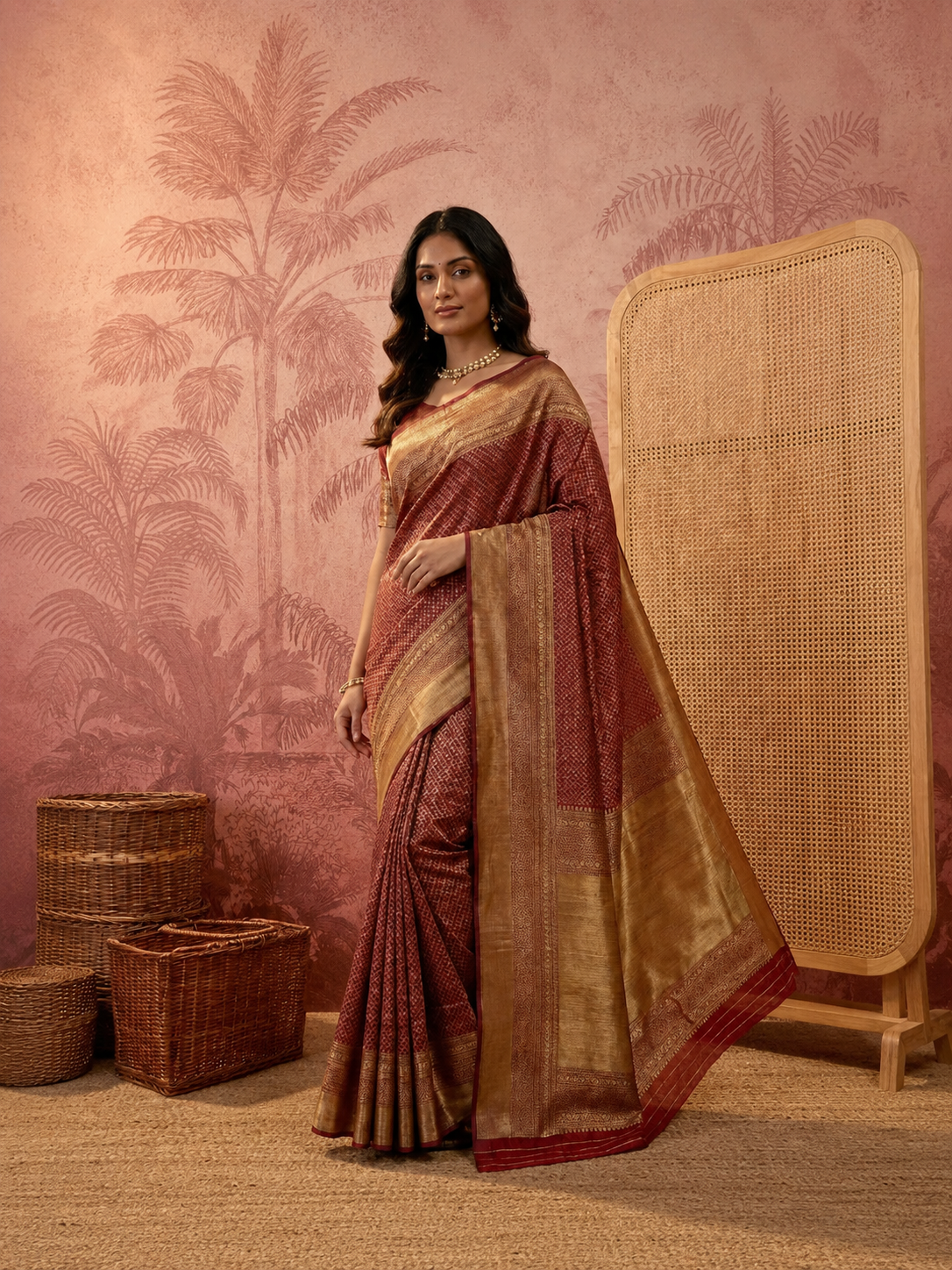 Elegant Maroon Banarasi Style Zari Woven Saree with Rich Golden Pallu – Wedding & Festive Wear